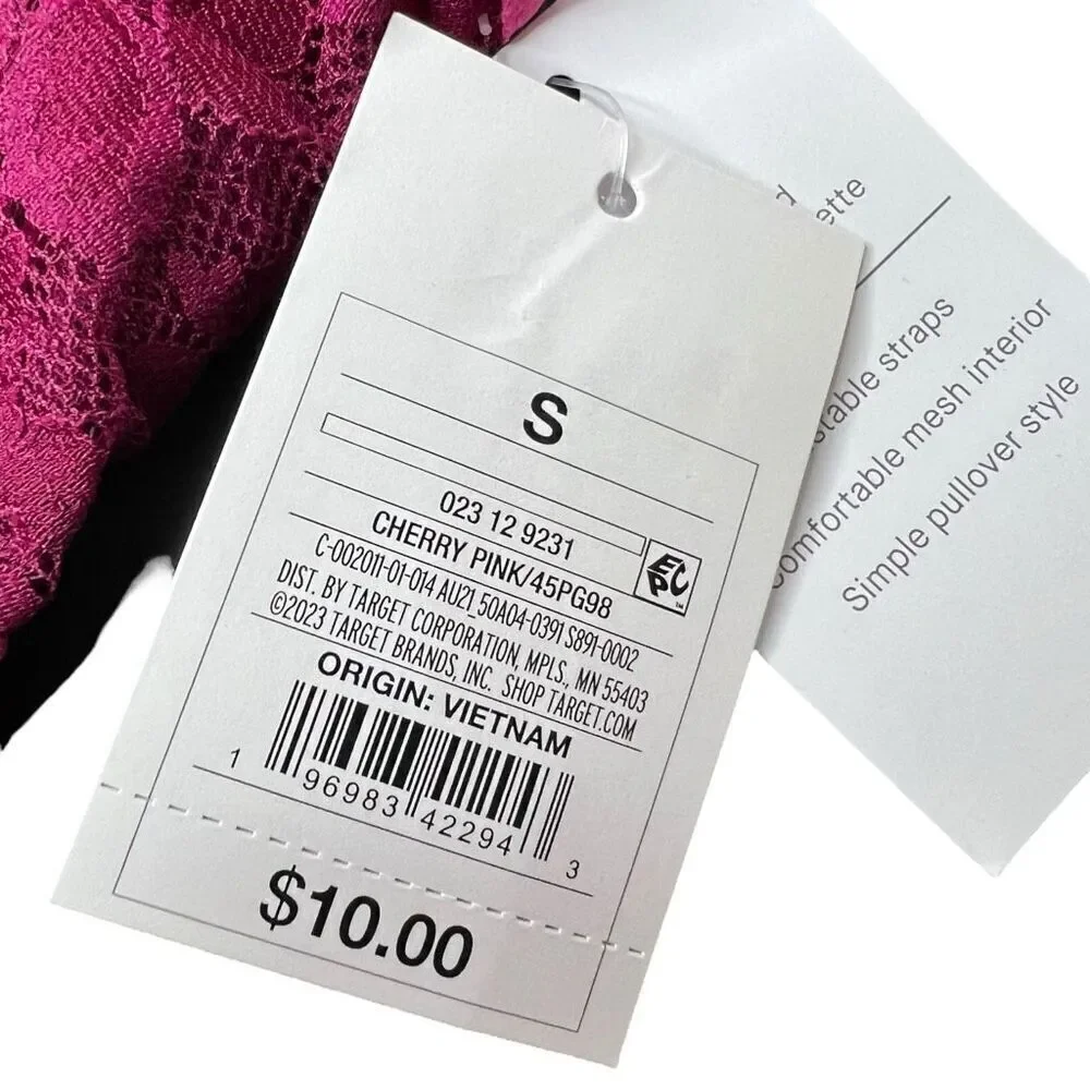NEW Auden Cherry Pink Women's Lace Bralette Small